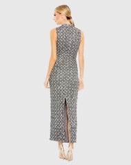 Gray Embellished High Neck Sleeveless Sheath Dress