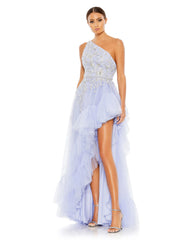 Purple Embellished One Shoulder Asymmetrical Hem Gown