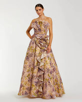 Strapless Pink Velvet Floral Ball Gown with 3D Rosette