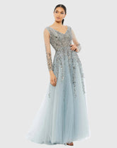 Embellished V Neck Long Sleeve A Line Gown