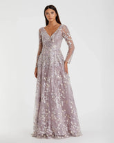 Purple Embroidered Lace Long Sleeve Floral Gown