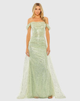 Green Off the Shoulder Sequin Panel Train Gown