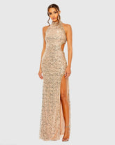 Gold Side Cut Out High Neck Sequin Gown