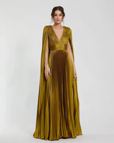 Green Pleated Charmeuse V Neck Gown With Cape