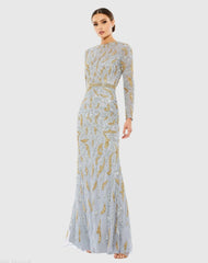 Gray Long Sleeve Beaded Evening Gown