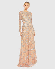Pink Embellished Illusion High Neck Long Sleeve A Line Gown