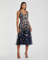 Navy V-Neck Sleeveless Midi Floral Beaded A-line Dress