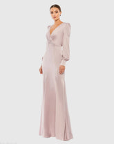 Pink Satin Ruched Bishop Sleeve Gown