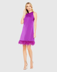 Purple Feathered Hem High Neck Sleeveless Trapeze Dress
