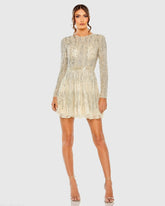 Beige High Neck Long Sleeve A Line Mini Dress