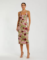 Beige Floral Beaded Scoop Neck Midi Dress