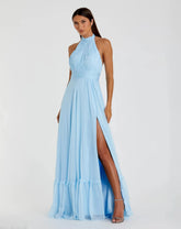 Blue High Neck Tiered Chiffon Halter Gown