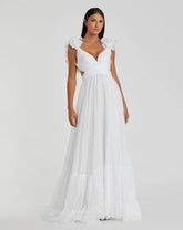 White Ruffle Tiered Cut-Out Chiffon Gown