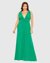 Green Plus Size Draped V Neck Sleeveless A Line Gown