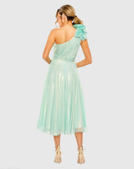 Green Rosette One Shoulder Tea Length Dress