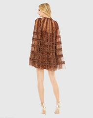 Brown Floral Print Long Flare Sleeve Mesh A-Line Dress