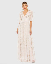 Pink Floral V-Neck Ruffle Detail Empire Waist Gown