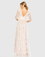 Pink Floral V-Neck Ruffle Detail Empire Waist Gown