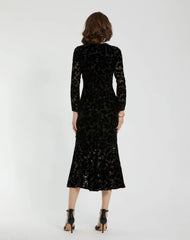 Black Burnout Velvet Long Sleeve Ruffle Hem Midi Dress
