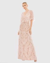 Pink Embellished Cap Sleeve Faux Wrap Trumpet Gown
