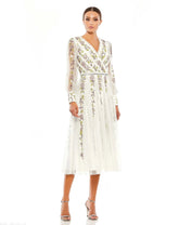 White Long Sleeve Embroidered Wrap Midi Dress