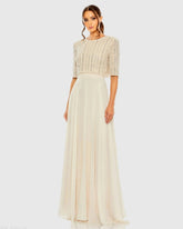 Beige Chiffon Gown w/ Fully Beaded 3/4 Sleeve Top