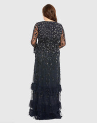 Navy V-Neck Embellished Long Flutter Sleeve Gown