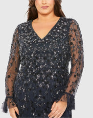 Navy V-Neck Embellished Long Flutter Sleeve Gown