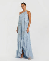 Blue One Shoulder Bow Embellished High Low Gown