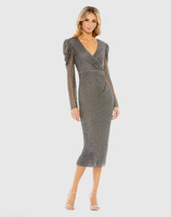 Gray Beaded Wrap Over Puff Sleeve Dress
