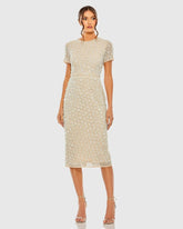 High Neck Short Sleeve Embellished Dress