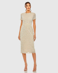High Neck Short Sleeve Embellished Dress