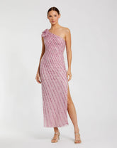 Pink One Shoulder Beaded Mesh Dress With Flower