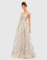 Silver Floral Embroidered Illusion V-Neck Gown