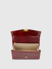 Red Crocodile Leather Shoulder Bag With Gold Hardware