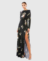 Black High Neck Long Sleeve Faux Wrap Gown