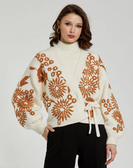 White Cropped Knit Cardigan With Floral Details