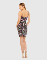 Black Slim Strap Bustier Top Floral Beaded Mini Dress