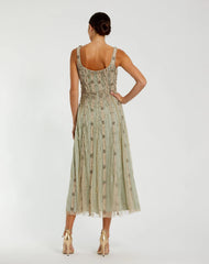 Green Embellished Mesh Sleeveless Scoop Neck Midi Dress