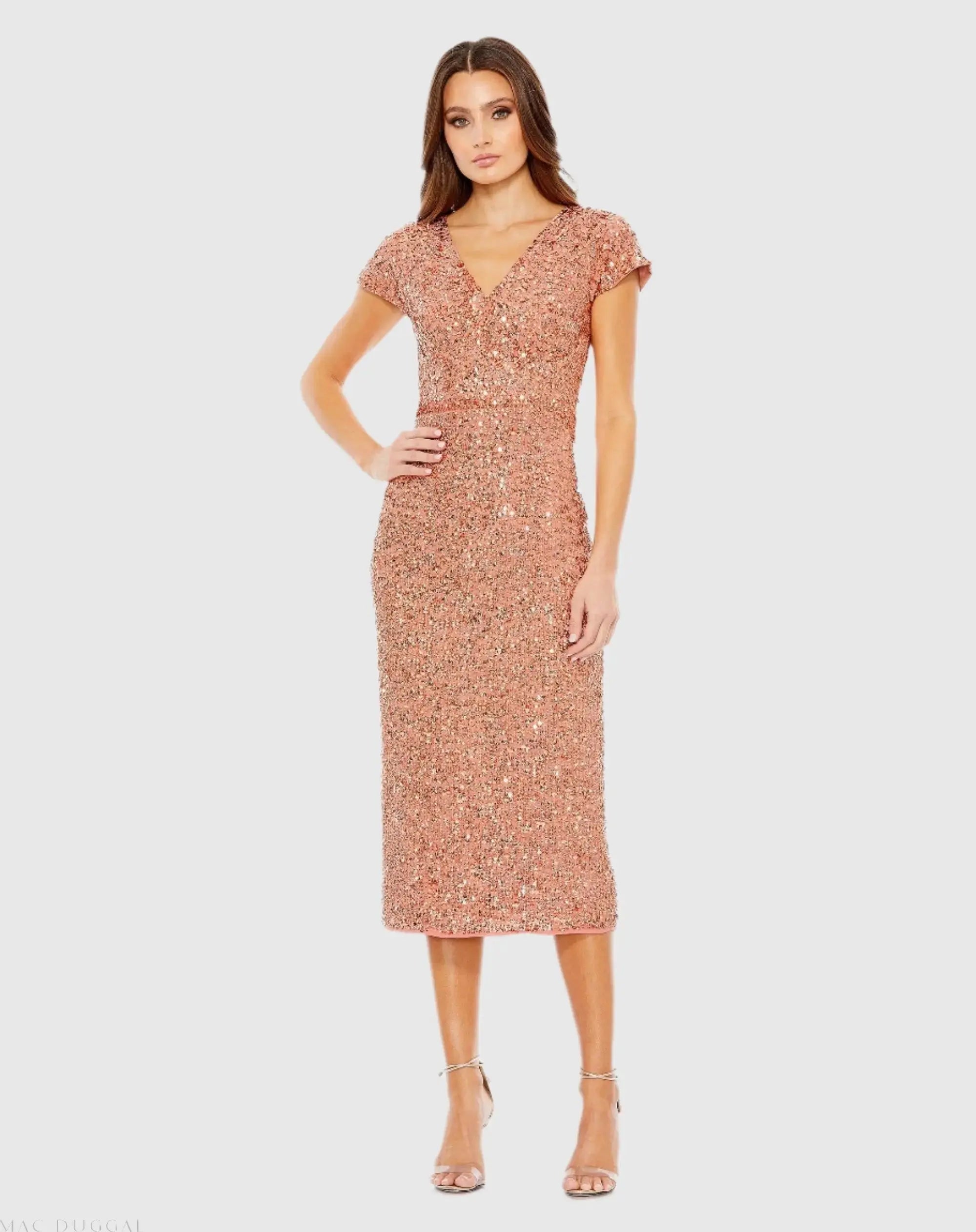 Sequined Cap Sleeve Wrap Over Cocktail Dress