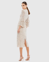 Beige and Silver Fully Sequined Ruffle Tiered 3/4 Sleeve Midi Dress