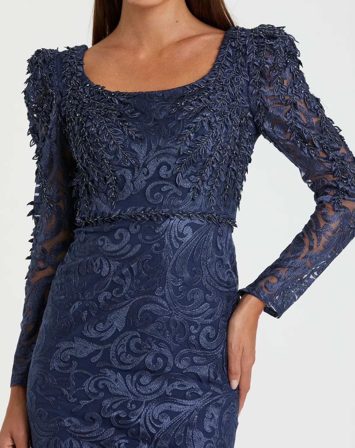 Blue Embroidered Lace Applique Shoulder Detail Trumpet Gown