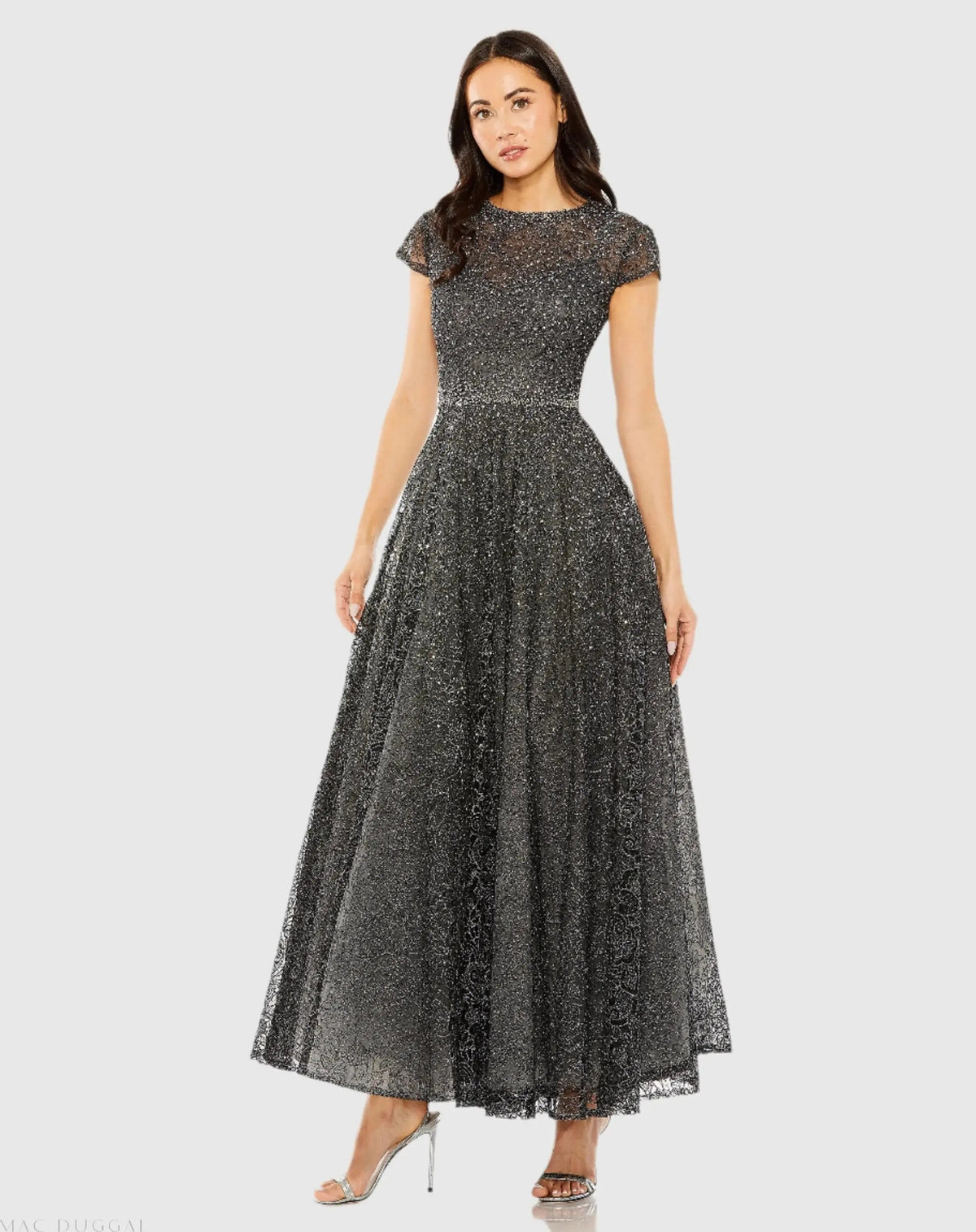 Gray Embellished Cap Sleeve A Line Dress