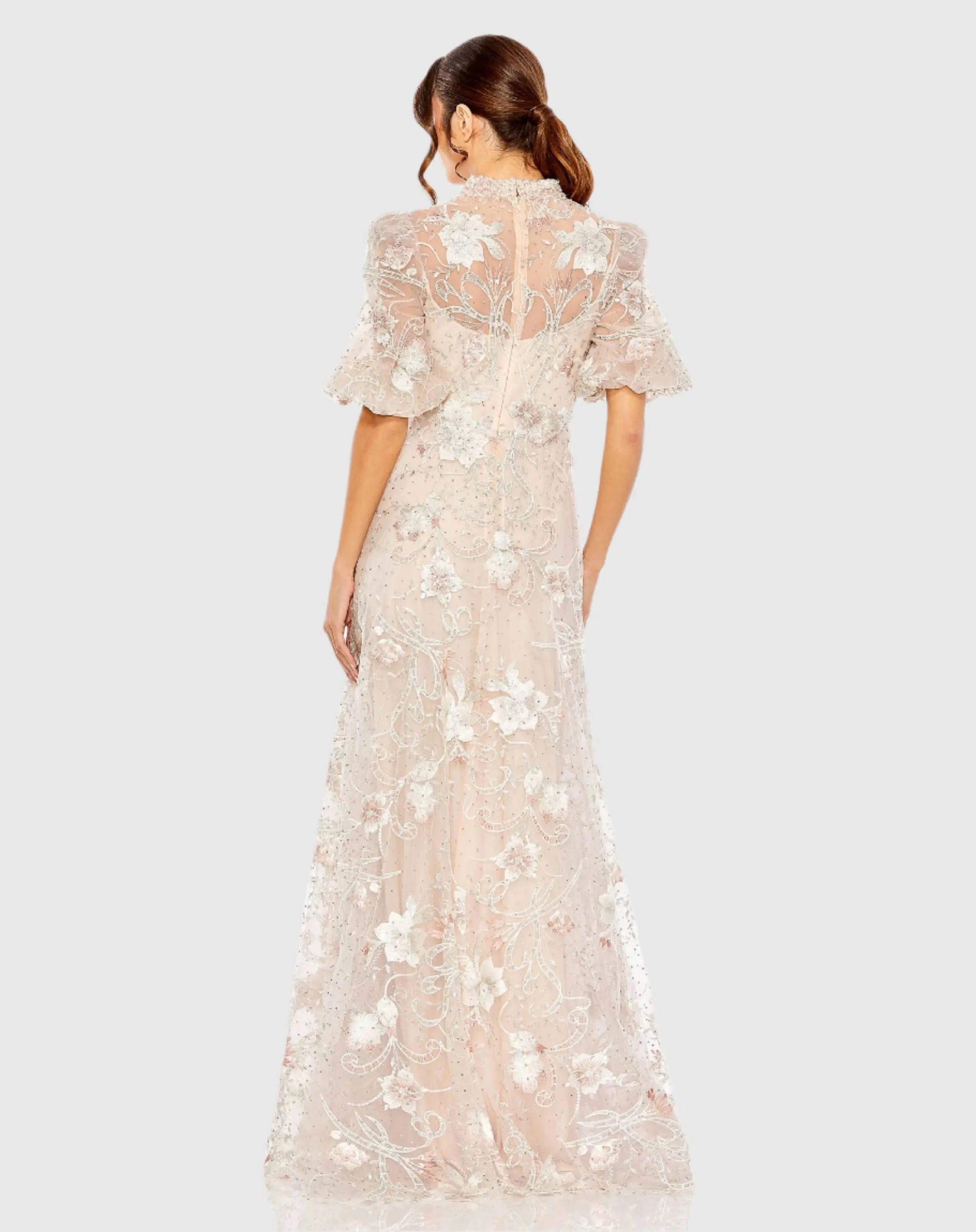 Pink Queen Anne Puff Sleeve A-Line Gown