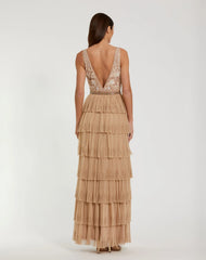 Beige Beaded Mesh V Neck Gown With Tiered Ruffles
