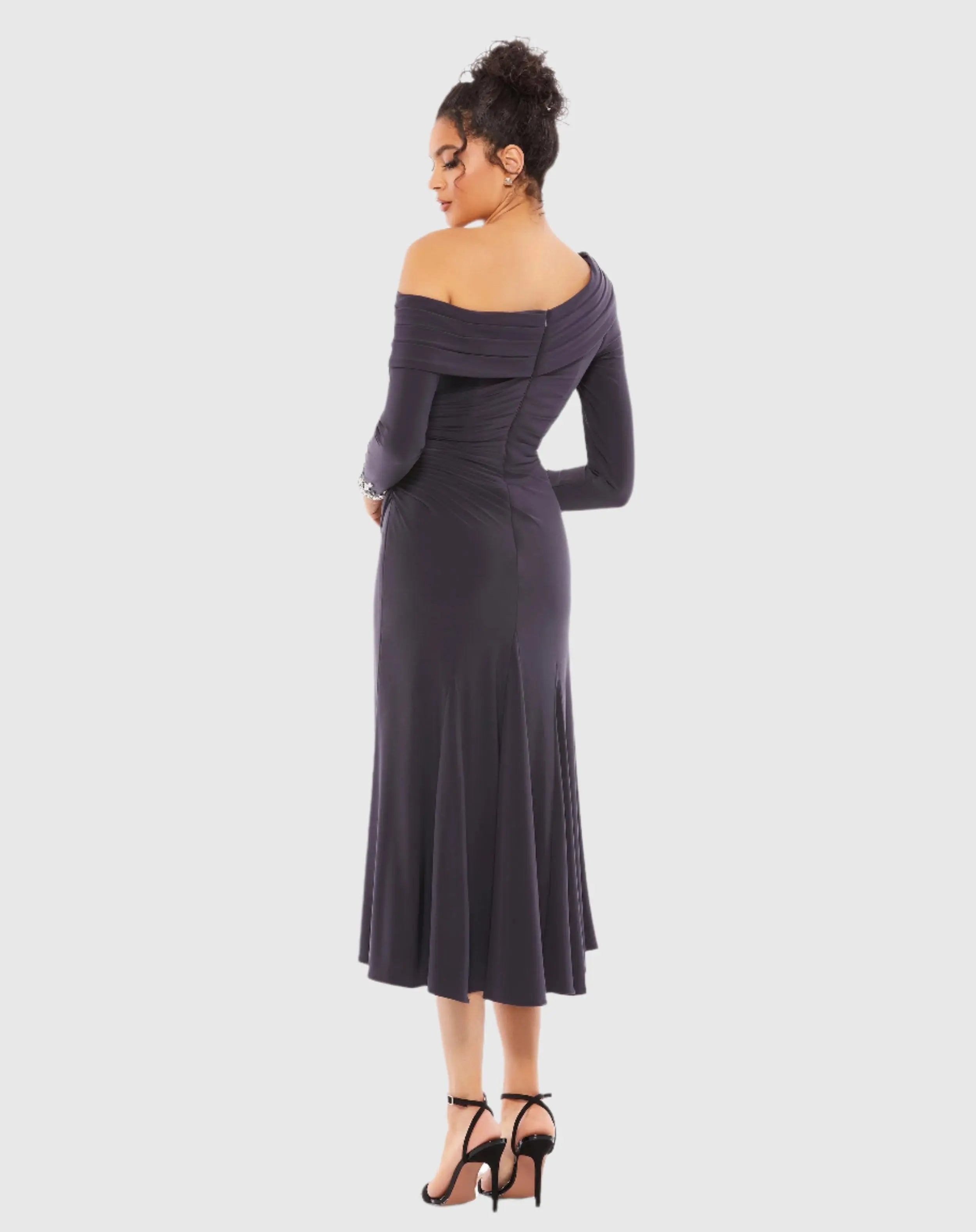 Purple Foldover Long Sleeve Jeweled Midi Dress