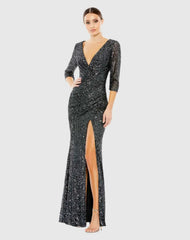 Gray Sequined Draped 3/4 Sleeve Gown