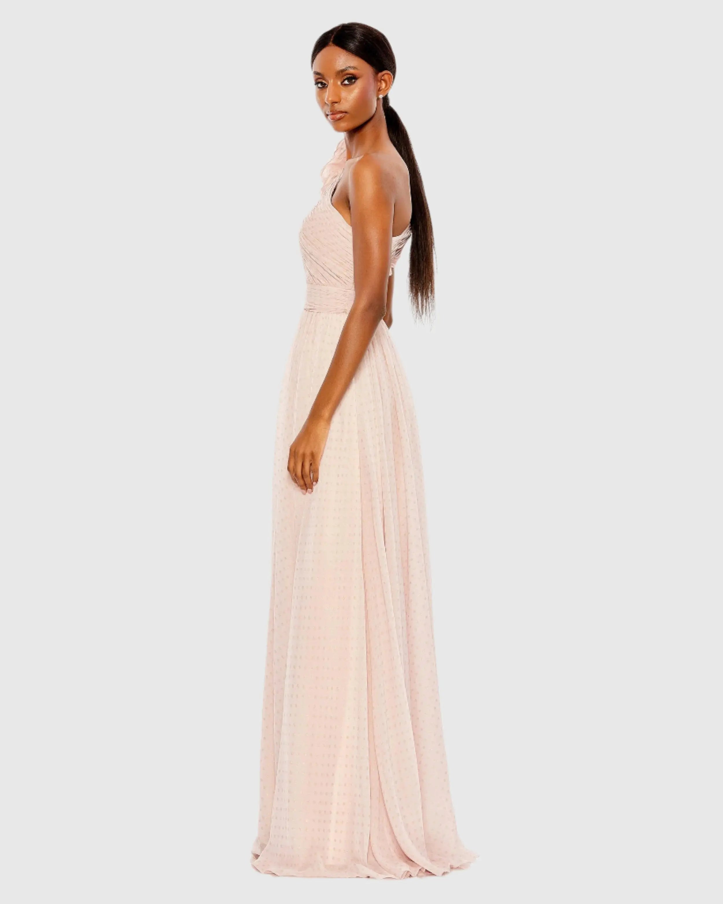 Pink Polka Dot Ruffled One Shoulder Gown
