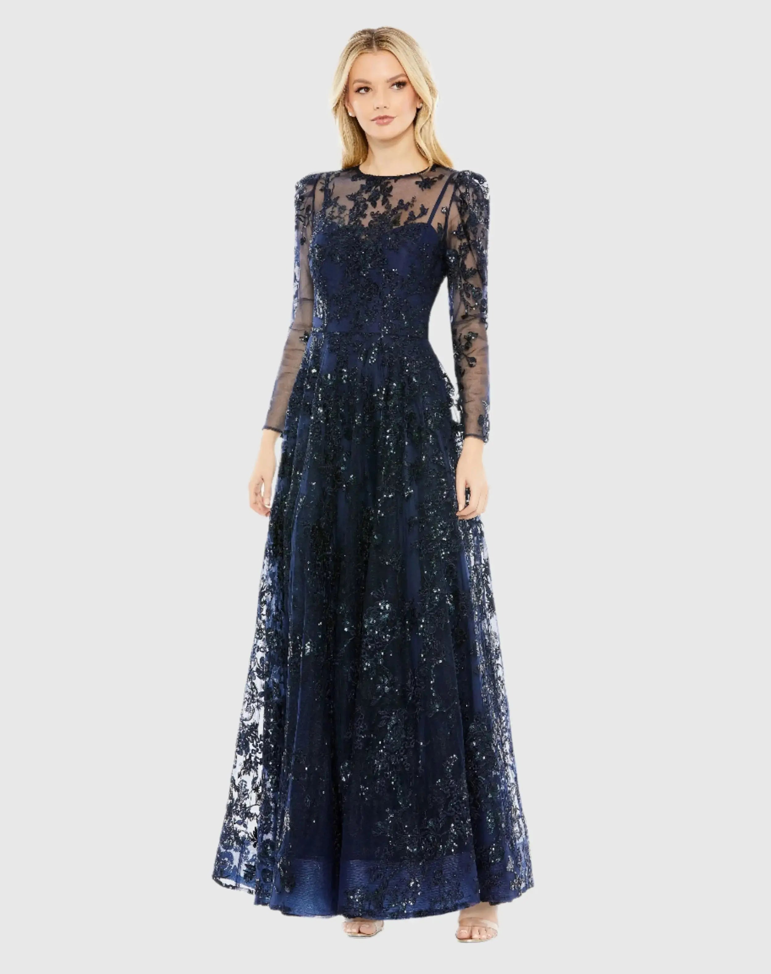 Embroidered Illusion High Neck A Line Dress
