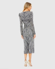Gray Long Sleeve V Neck Beaded Cocktail Dress